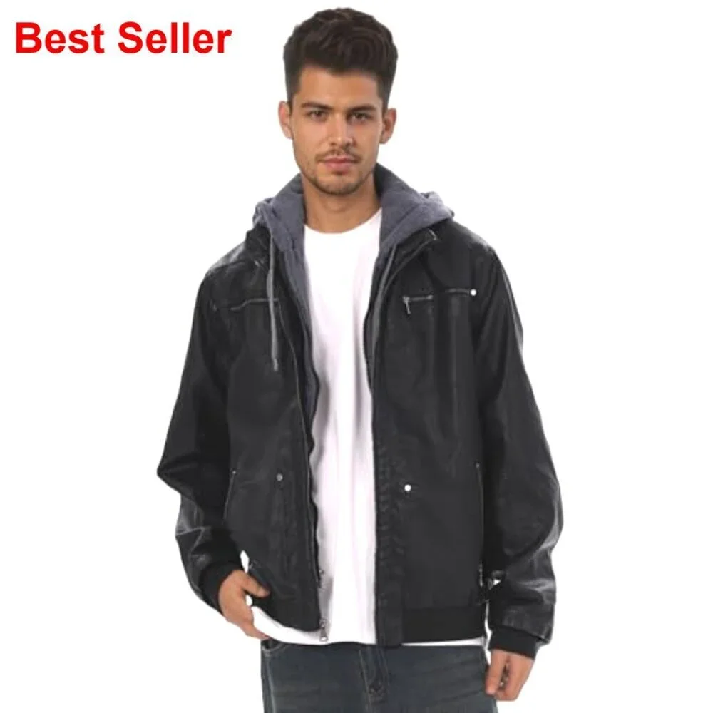 Men's Faux Leather Jacket with Removable Hood, Motorcycle Style
